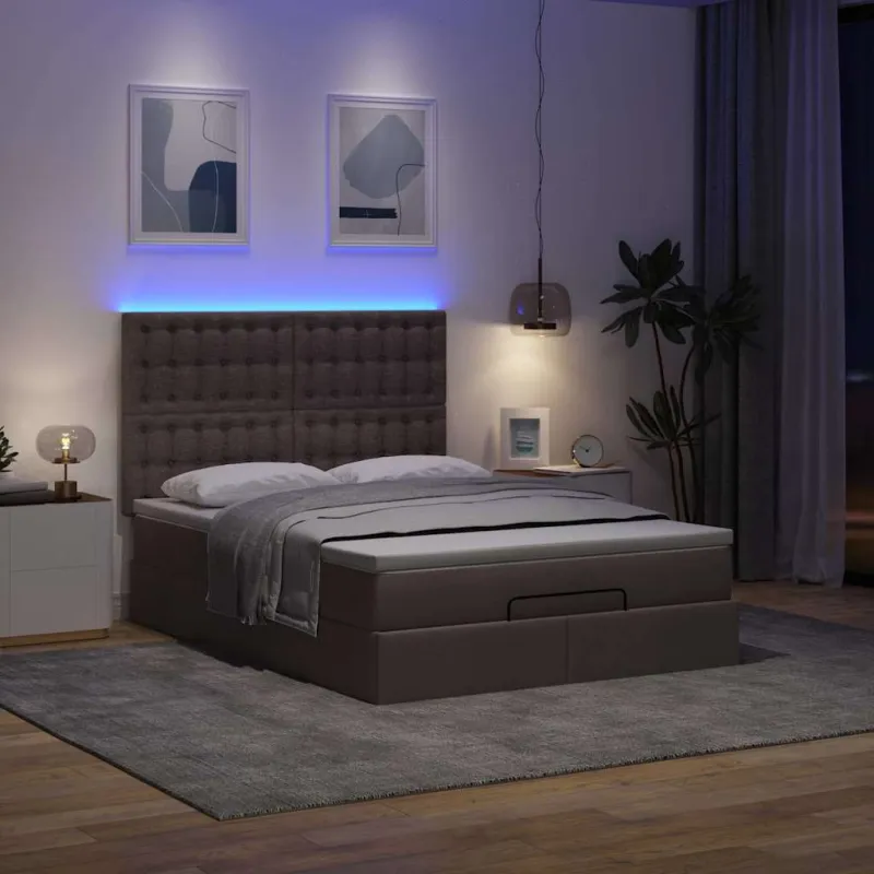Osmanų lova su čiužiniu ir LED, rudas, 140x190cm, audinys