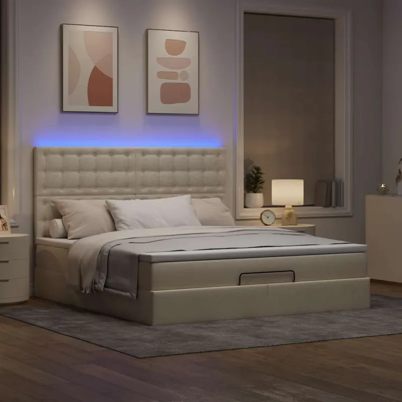 Osmanų lova su čiužiniu ir LED kreminiu 180x200 cm audiniu
