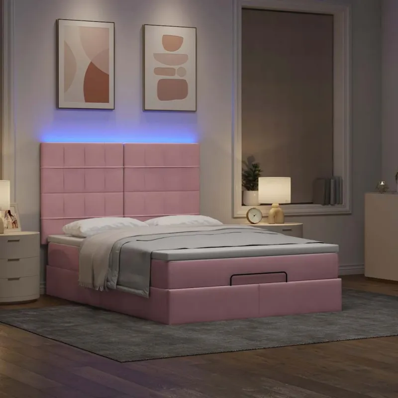 Osmanų lova su čiužiniais ir LED Rožinė 140x190cm Velvet