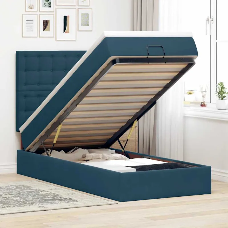 Osmanų lovos rėmas su čiužiniais, mėlynas, 100x200cm, aksomas