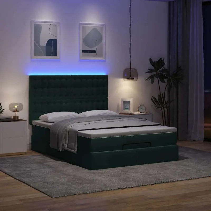 Osmanų lova su čiužiniais ir LED Tamsiai žalia 140x200cm Velvet