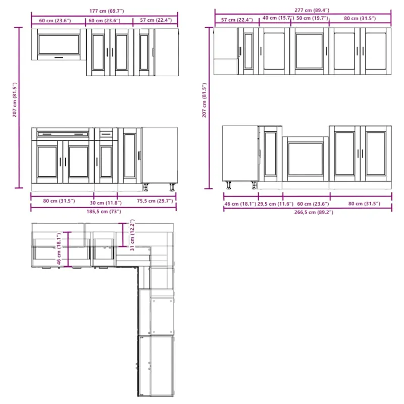 Virtuvinių spintelių komplektas, 11 dalių, Porto, juoda