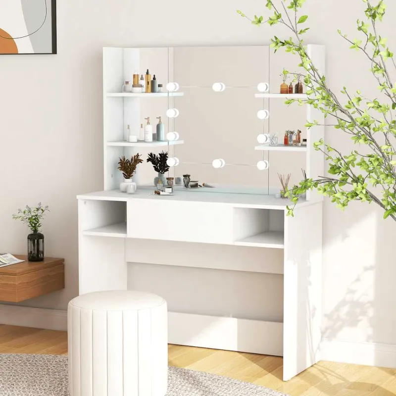 Kosmetinis staliukas su LED, baltas, 100x40x135cm, MDF