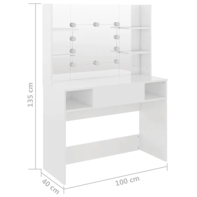 Kosmetinis staliukas su LED, blizgus baltas, 100x40x135cm, MDF