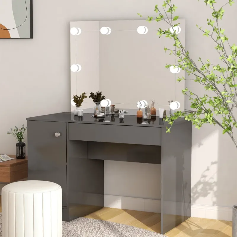 Kosmetinis staliukas su LED, blizgus pilkas, 110x55x145cm, MDF