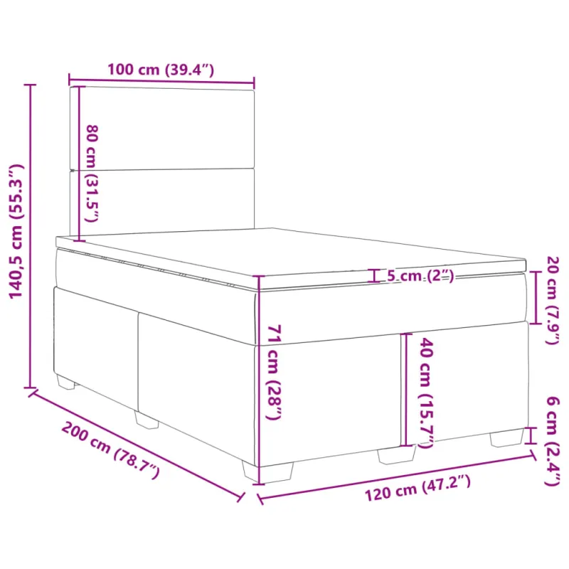 Lova su spyruoklėmis ir čiužiniu, pilka, 120x200cm, aksomas