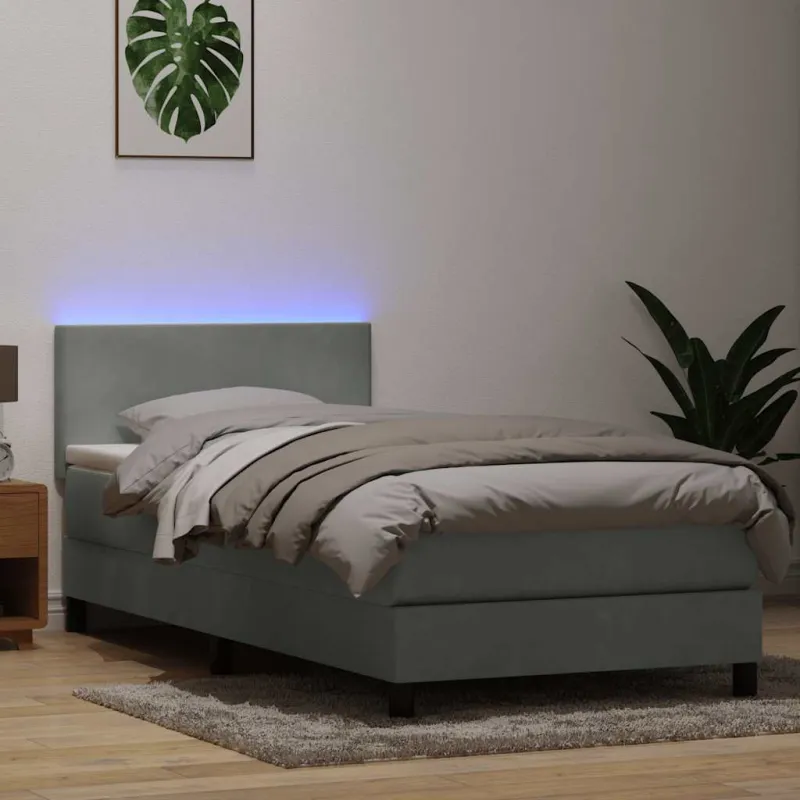 Lova su spyruokliniu/čiužiniu/LED, šviesiai pilka, 90x210 cm, aksomas