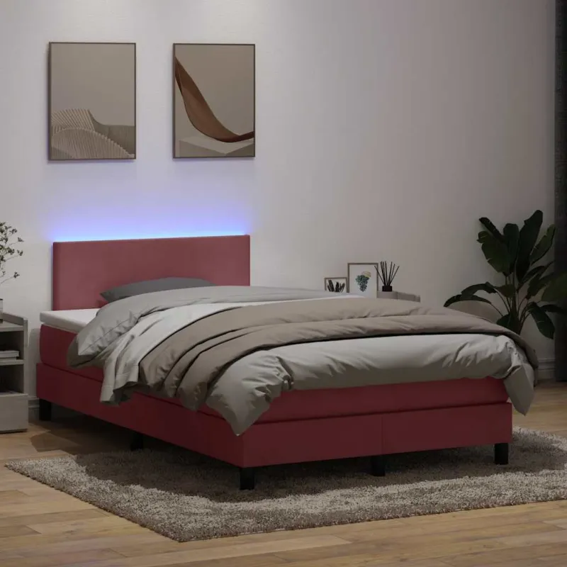 Lova su spyruokliniu/čiužiniu/LED, rožinė, 120x210 cm, aksomas