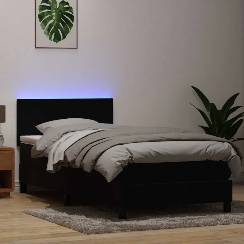 Lova su spyruokliniu/čiužiniu/LED, juoda, 80x220 cm, aksominė