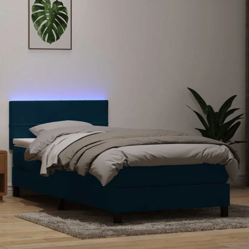 Lova su spyruokliniu/čiužiniu/LED, tamsiai mėlyna, 80x210 cm, aksomas