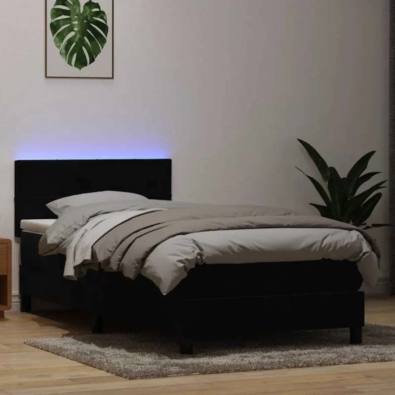 Lova su spyruokliniu/čiužiniu/LED, juoda, 80x220 cm, aksominė