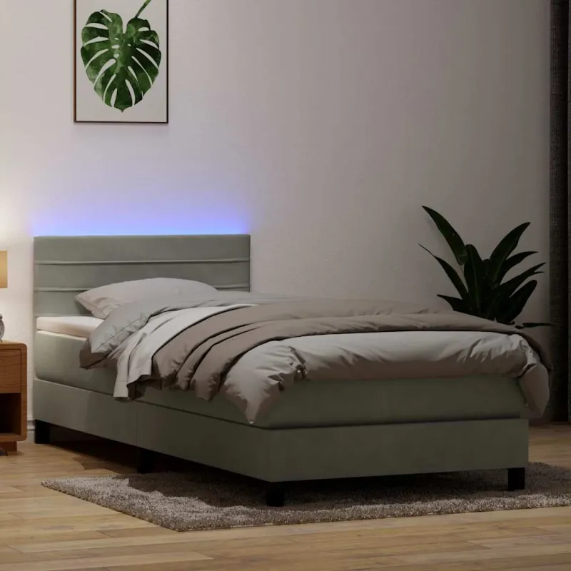 Lova su spyruokliniu/čiužiniu/LED, šviesiai pilka, 80x210 cm, aksomas