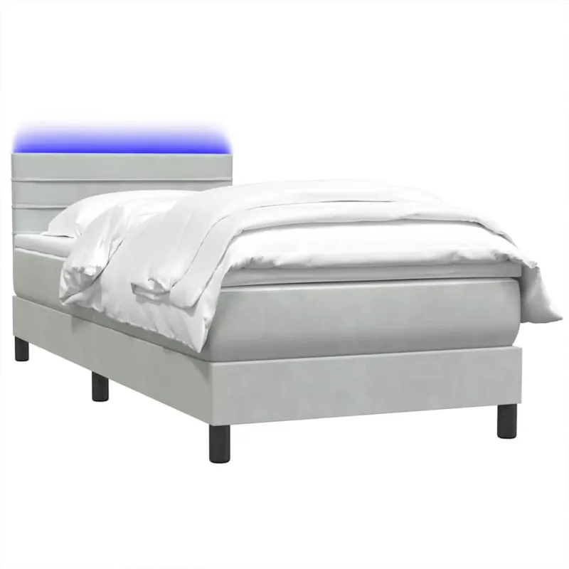 Lova su spyruokliniu/čiužiniu/LED, šviesiai pilka, 90x210 cm, aksomas