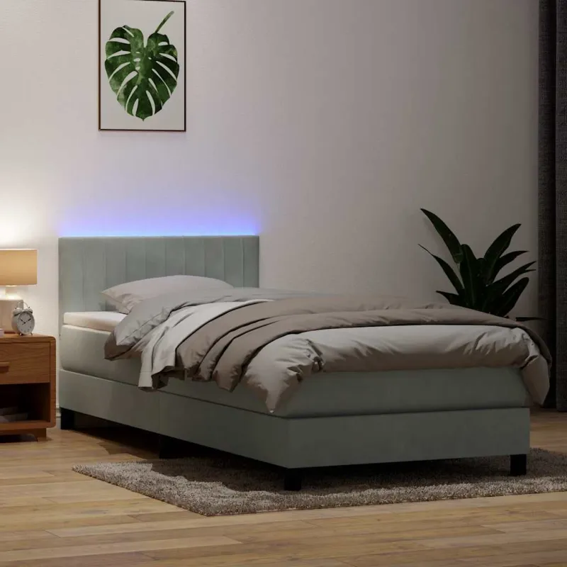 Lova su spyruokliniu/čiužiniu/LED, šviesiai pilka, 80x210 cm, aksomas