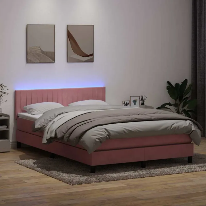 Lova su spyruokliniu/čiužiniu/LED, rožinė, 140x210 cm, aksomas