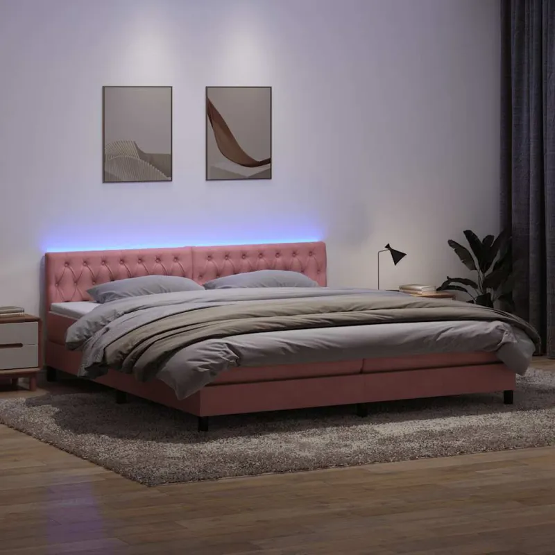 Lova su spyruokliniu/čiužiniu/LED, rožinė, 180x210 cm, aksomas