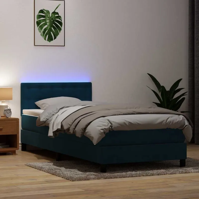Lova su spyruokliniu/čiužiniu/LED, tamsiai mėlyna, 80x210 cm, aksomas