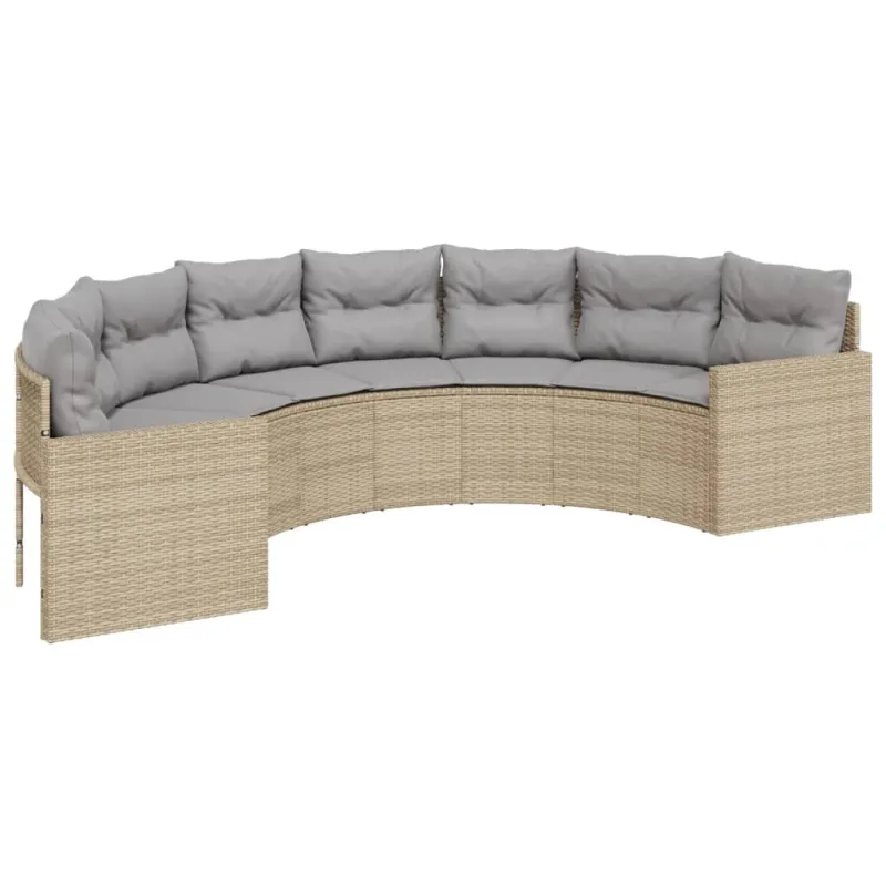 Sodo sofa su stalu/pagalvėlėmis, smėlio, poliratanas, pusapvalė
