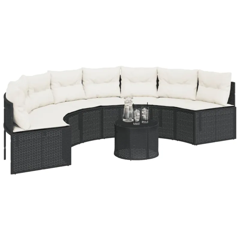 Sodo sofa su pagalvėlėmis, juoda, poliratanas, pusapvalė