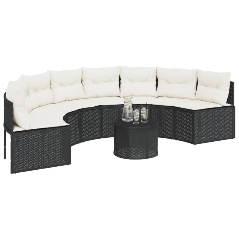 Sodo sofa su stalu/pagalvėlėmis, juoda, poliratanas, pusapvalė
