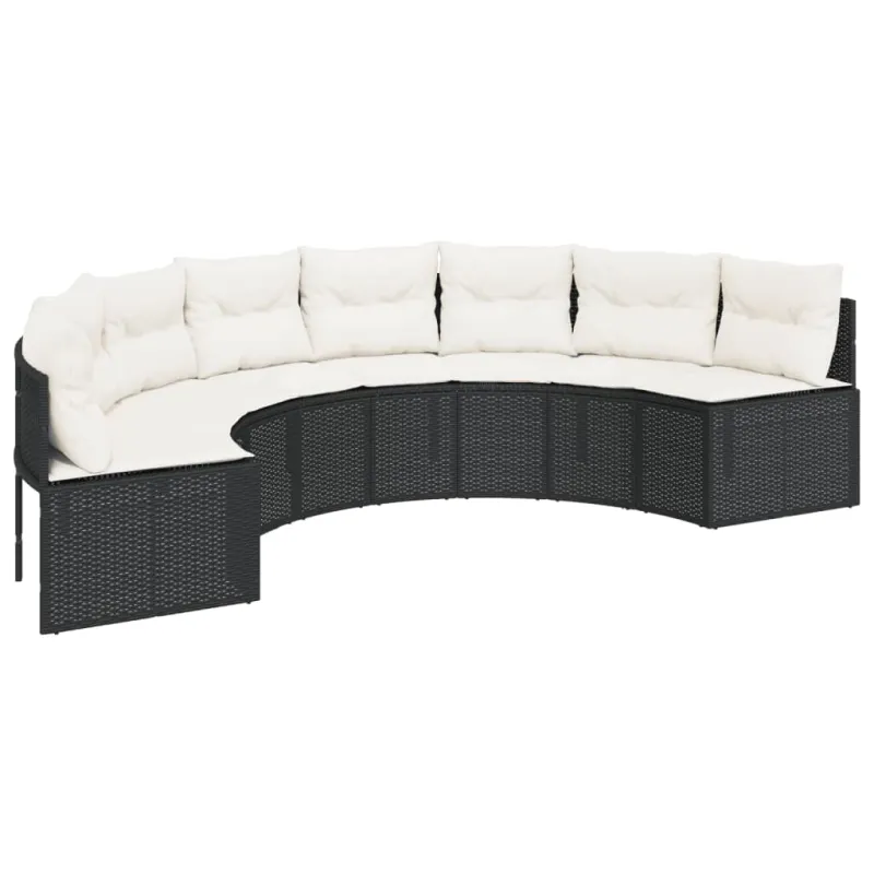 Sodo sofa su stalu/pagalvėlėmis, juoda, poliratanas, pusapvalė