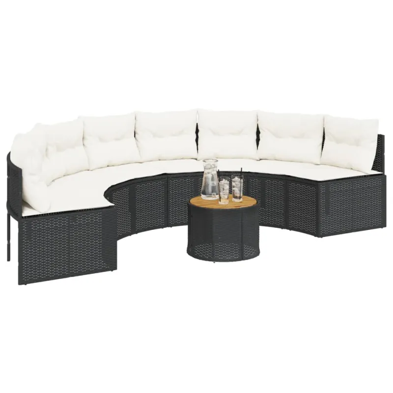 Sodo sofa su stalu/pagalvėlėmis, juoda, poliratanas, pusapvalė