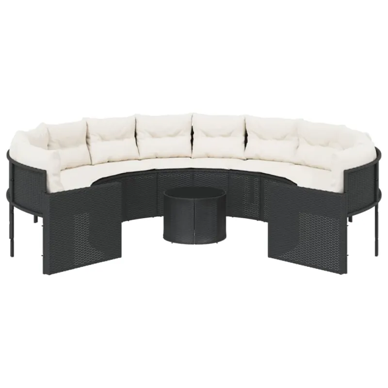 Sodo sofa su stalu/pagalvėlėmis, juoda, poliratanas, apvali