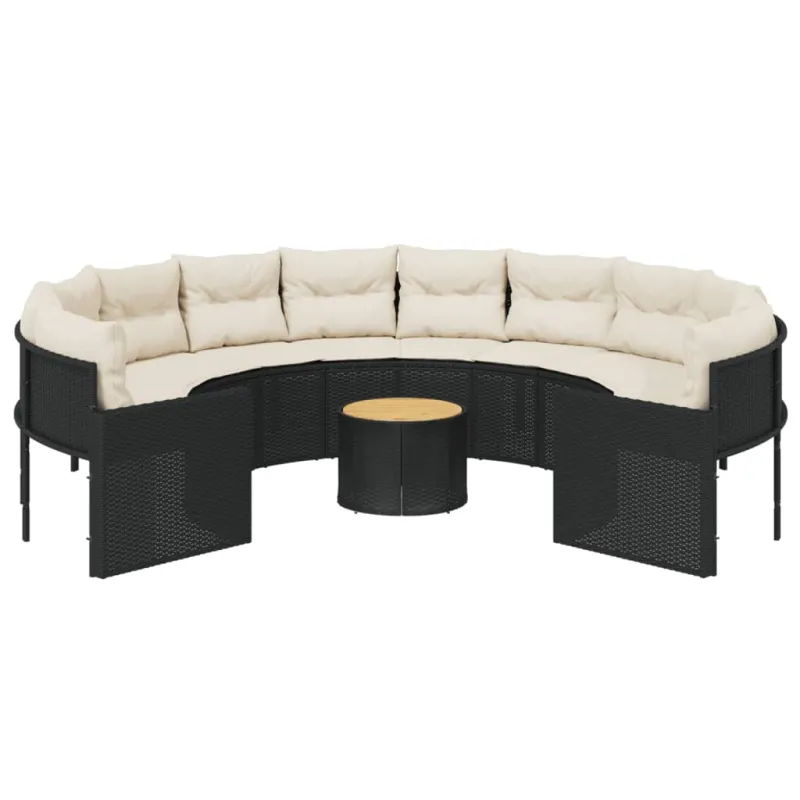 Sodo sofa su stalu/pagalvėlėmis, juoda, poliratanas, apvali