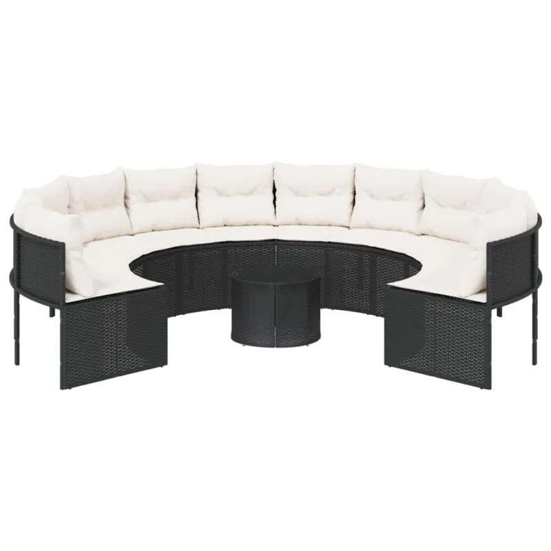 Sodo sofa su stalu/pagalvėlėmis, juoda, poliratanas, apvali