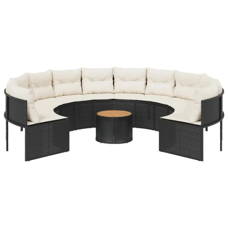 Sodo sofa su stalu/pagalvėlėmis, juoda, poliratanas, apvali