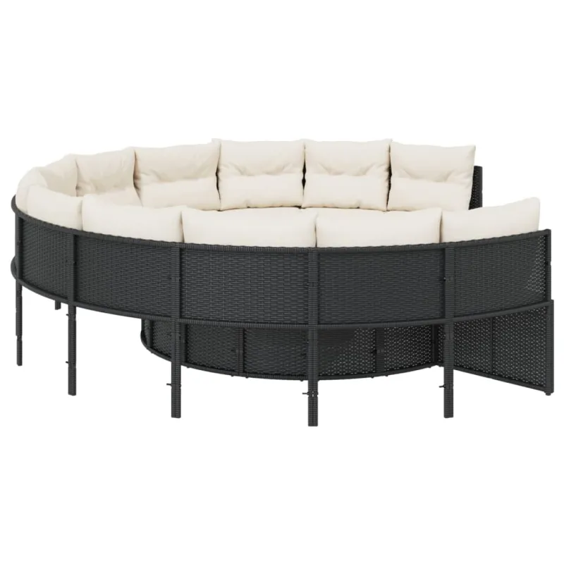 Sodo sofa su stalu/pagalvėlėmis, juoda, poliratanas, apvali