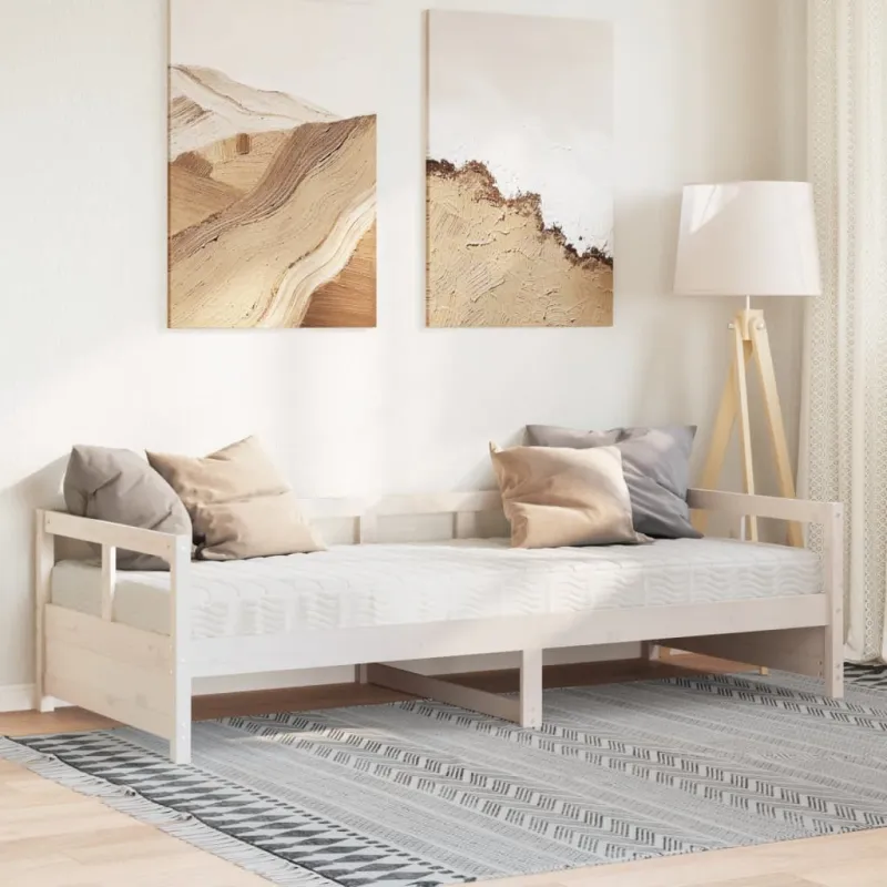 Lova su čiužiniu, balta, 80x200cm, pušies medienos masyvas