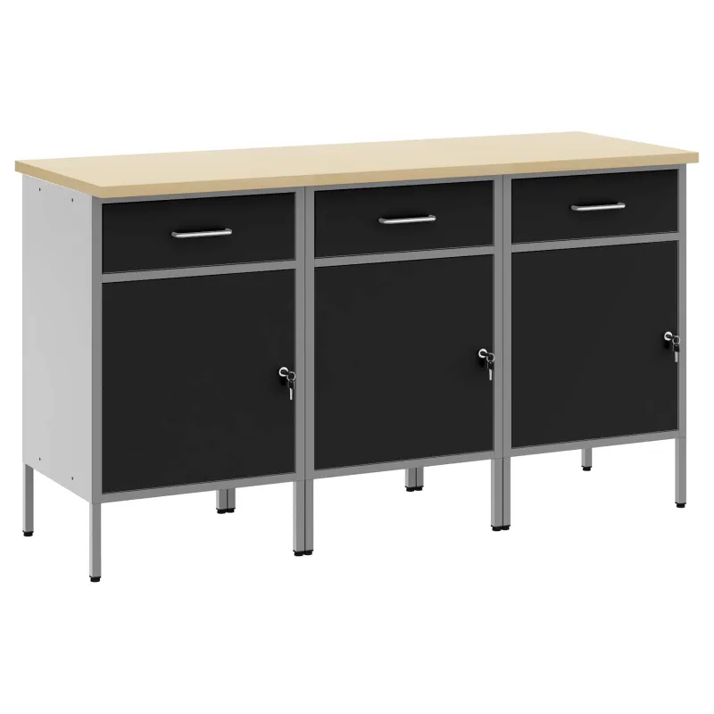 Darbo spinta su stalčių 3 pcs Juoda ir pilka 150 x 55 x 85 cm