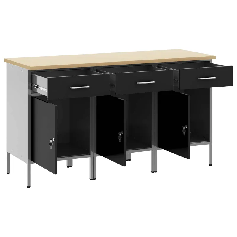 Darbo spinta su stalčių 3 pcs Juoda ir pilka 150 x 55 x 85 cm