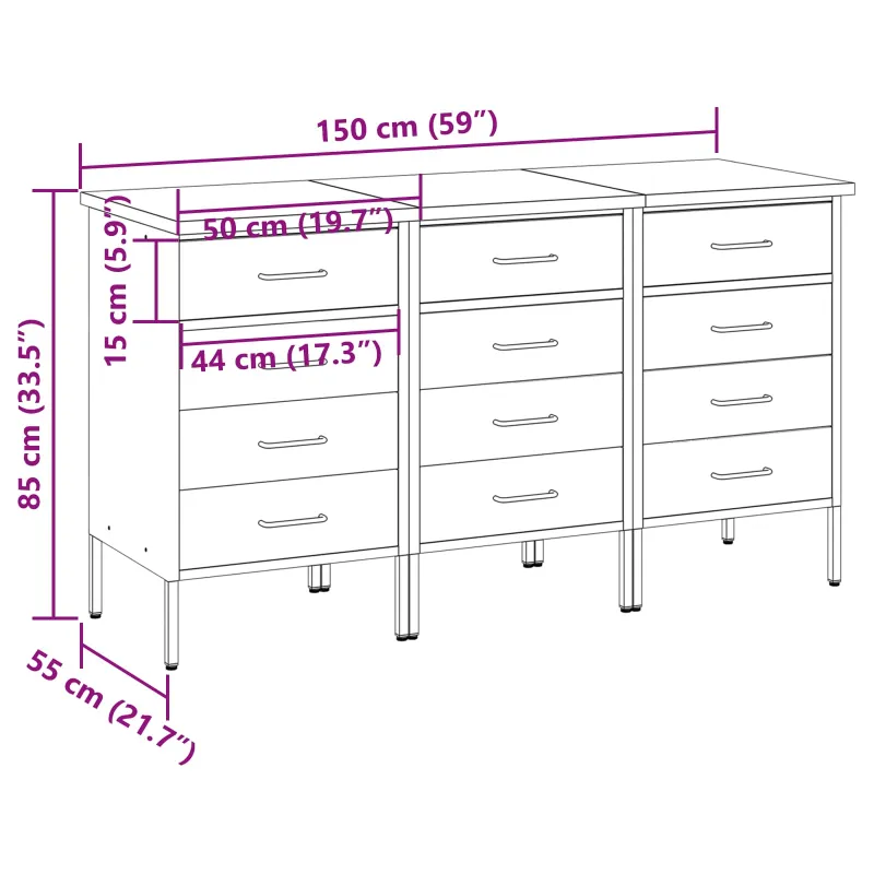 Darbo spinta su stalčių 3 pcs Juoda ir pilka 150 x 55 x 85 cm