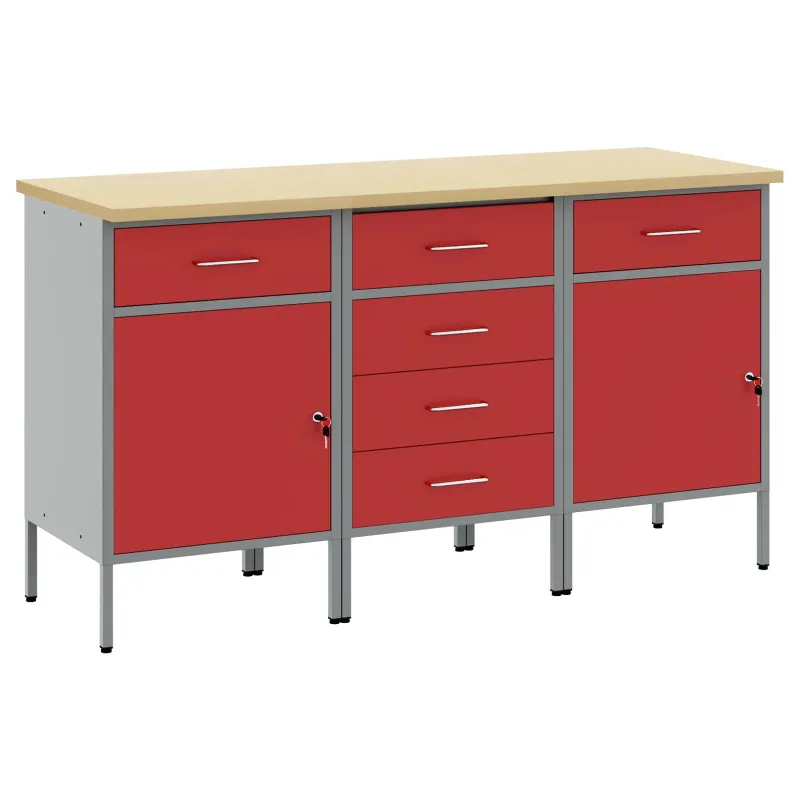 Darbo spinta su stalčių 3 pcs Raudona ir pilka 150 x 55 x 85 cm