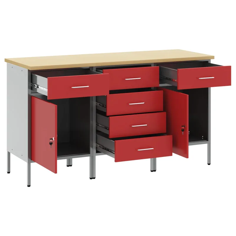 Darbo spinta su stalčių 3 pcs Raudona ir pilka 150 x 55 x 85 cm