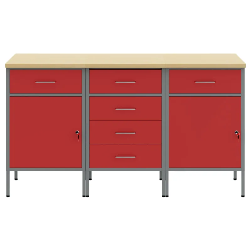 Darbo spinta su stalčių 3 pcs Raudona ir pilka 150 x 55 x 85 cm