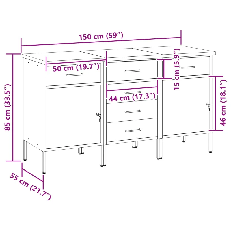 Darbo spinta su stalčių 3 pcs Raudona ir pilka 150 x 55 x 85 cm