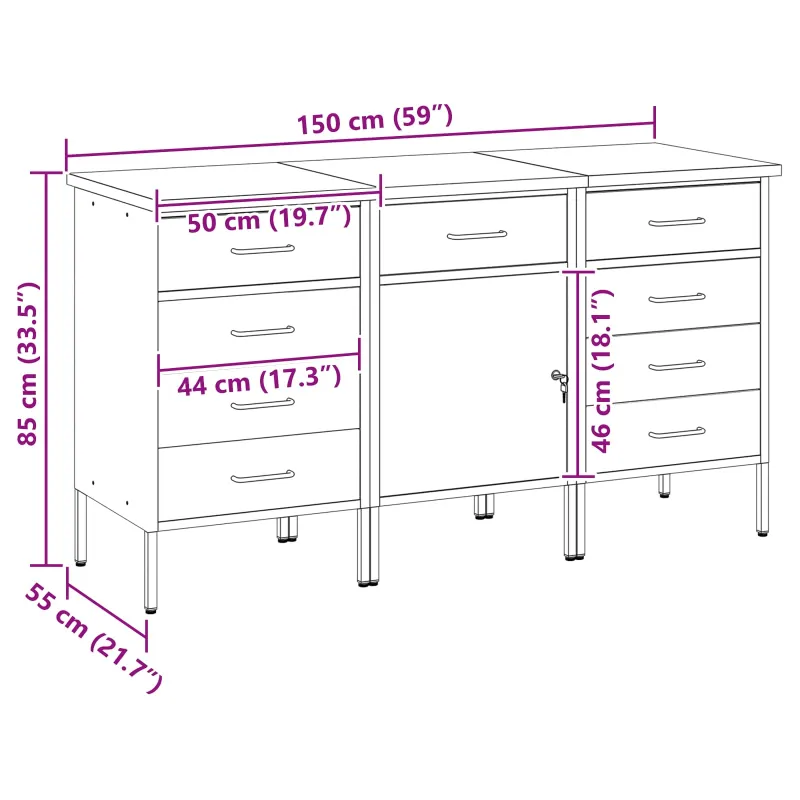 Darbo spinta su stalčių 3 pcs Juoda ir pilka 150 x 55 x 85 cm