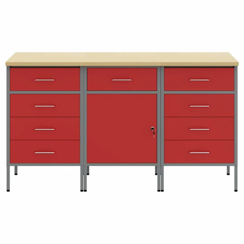 Darbo spinta su stalčių 3 pcs Raudona ir pilka 150 x 55 x 85 cm