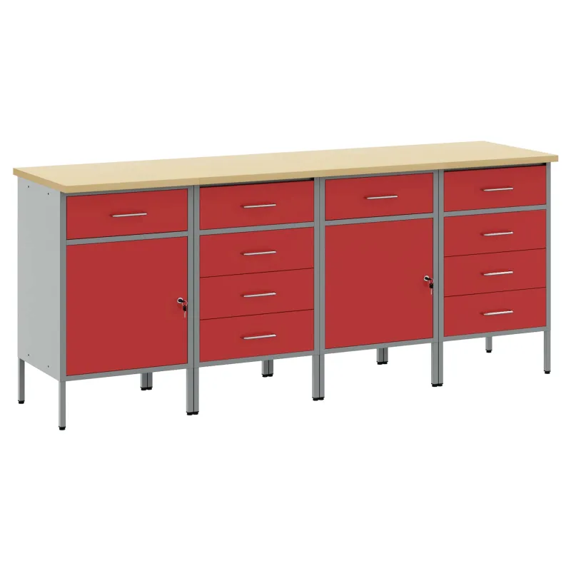 Darbo spinta su stalčių 4 pcs Raudona ir pilka 200 x 55 x 85 cm