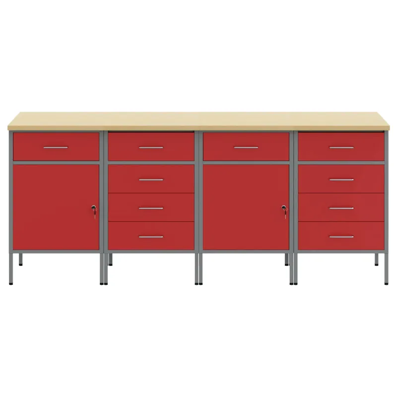 Darbo spinta su stalčių 4 pcs Raudona ir pilka 200 x 55 x 85 cm