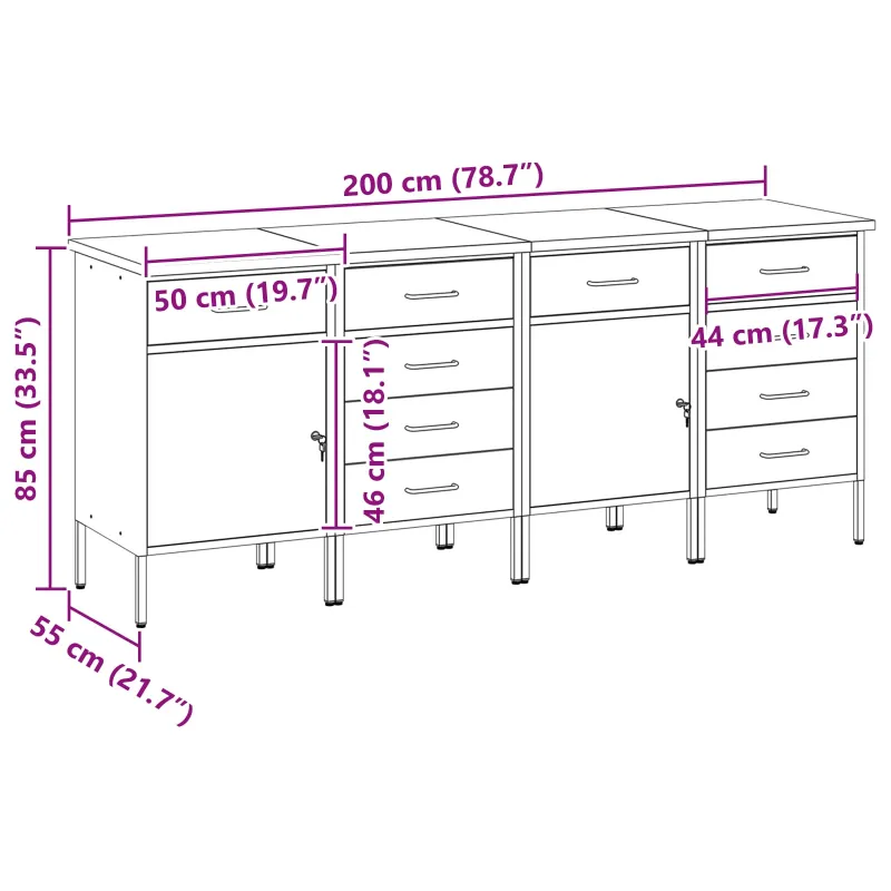 Darbo spinta su stalčių 4 pcs Raudona ir pilka 200 x 55 x 85 cm