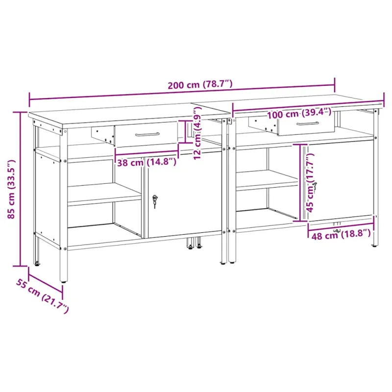 Darbastalio komplektas 2 pcs Juoda ir pilka 200 x 55 x 85 cm