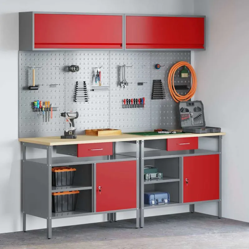 Darbastalio komplektas su stalčių 8 pcs Raudona ir pilka