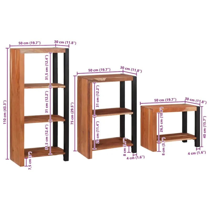 Knygų lentyna 3 pcs Ruda 50 x 30 x 110 cm