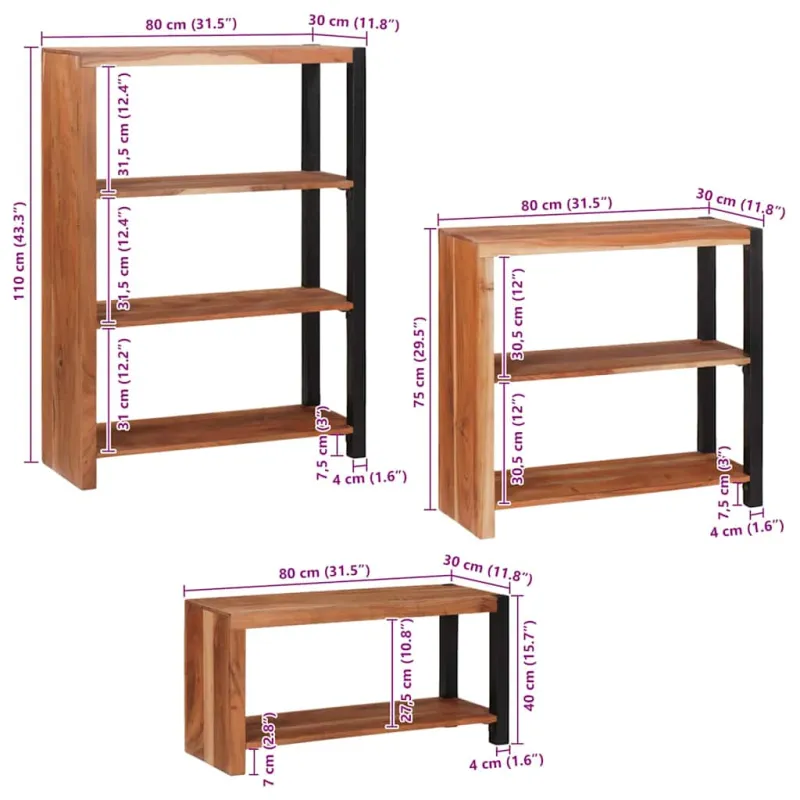 Knygų lentyna 3 pcs Ruda 80 x 30 x 110 cm