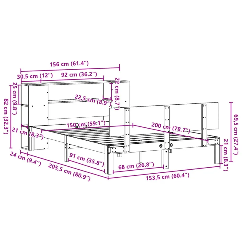 Lova su knygų spinta be čiužinio, balta, 150x200cm, pušis