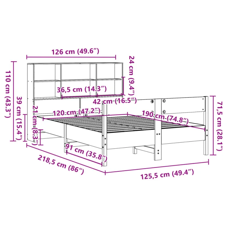 Lova be čiužinio/su knygų lentyna, vaško ruda, 120x190cm, pušis